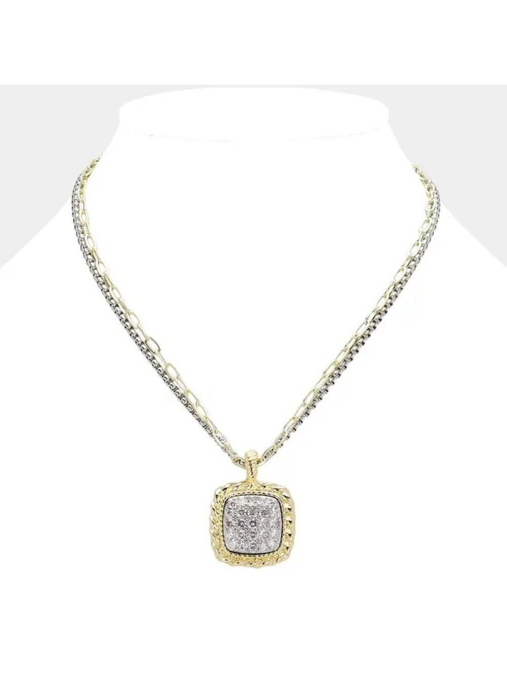 Stunning 14K Gold Plated CZ Stone Paved Square Pendant Necklace